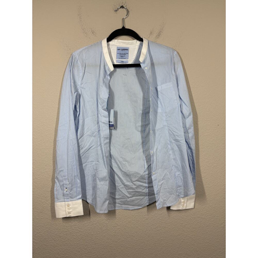 Les Canebiers Large Flat Collared Button Up Shirt Sky Blue Striped Cotton Blend